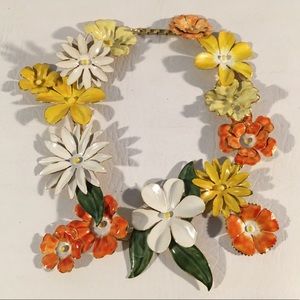 Vintage Sandor Enamel Flower Neckless Gold Tone